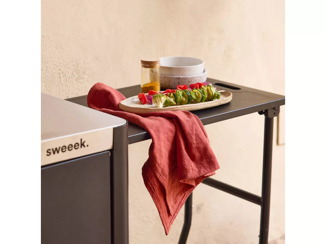 Desserte extérieure ANDY noire mat en acier inoxydable 94.5 cm avec tablette rabattable. L 156 x l 49.5 x H 80 cm