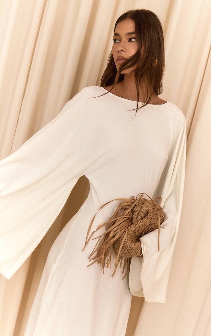 Crème Robe Longue Fluide Imprimé À Manches Évasées En Tissu Tissé