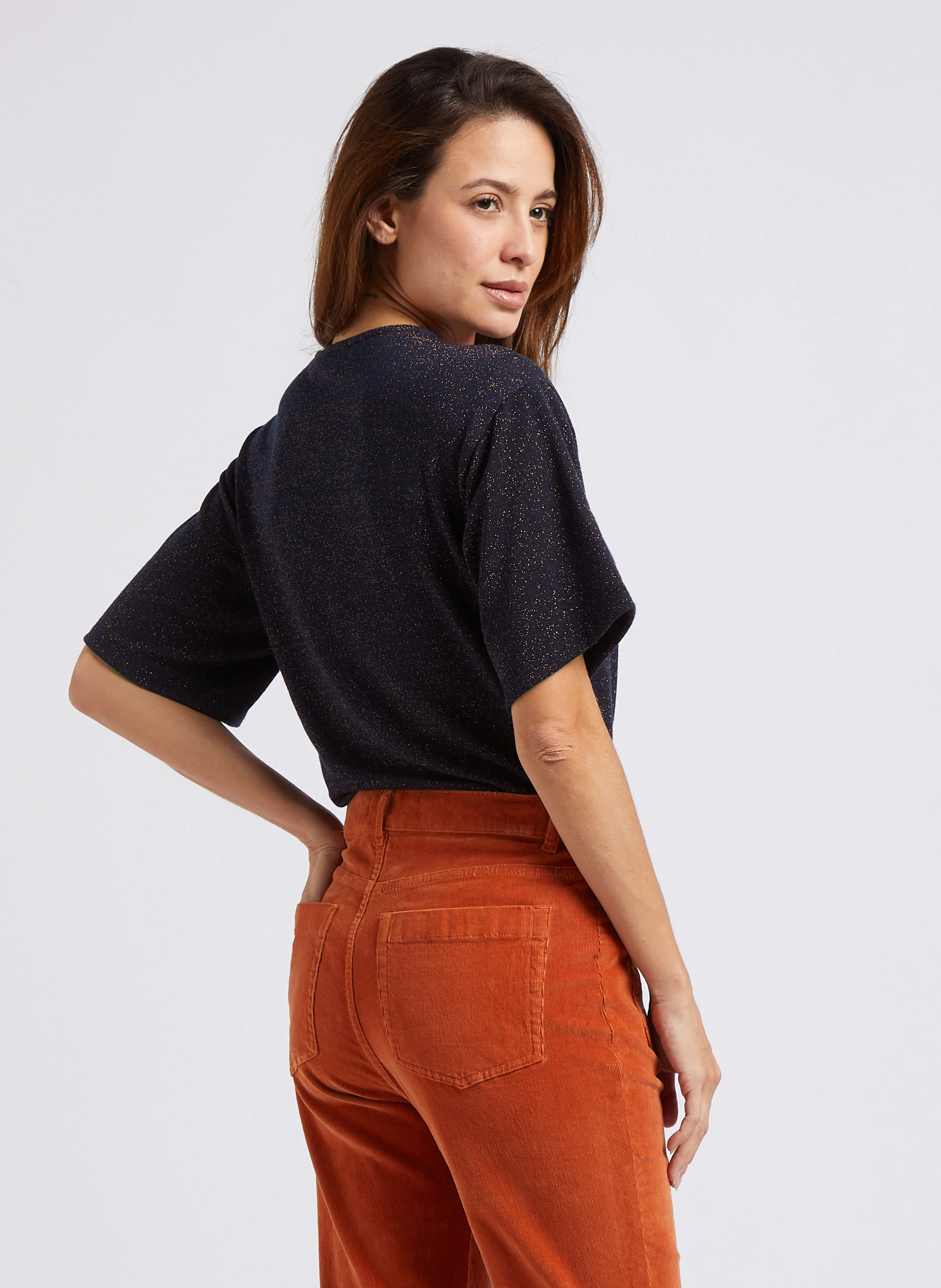 Top droit col rond pailleté | Bleu