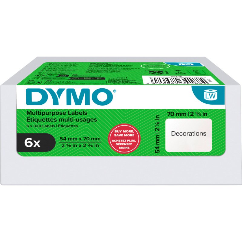 Étiquettes 54 mm x 70 mm DYMO LabelWriter - Rouleau de 320 étiquettes - Boîte de 6 rouleaux