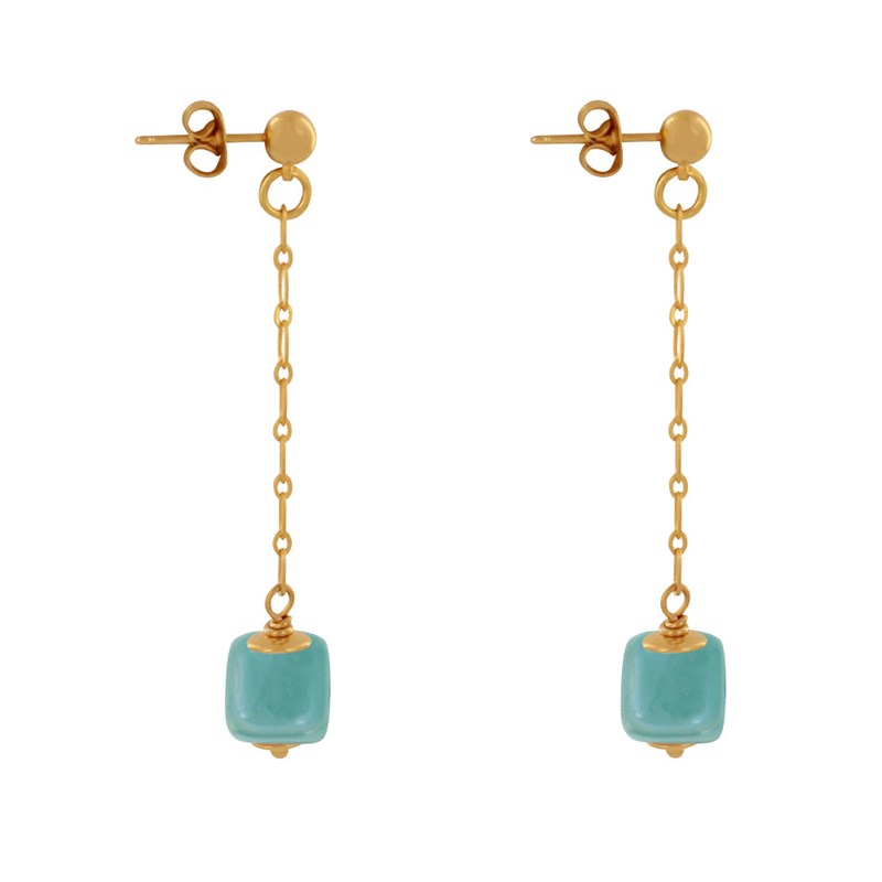 Boucles d'Oreilles Chainette Laiton Doré et Cube en Céramique