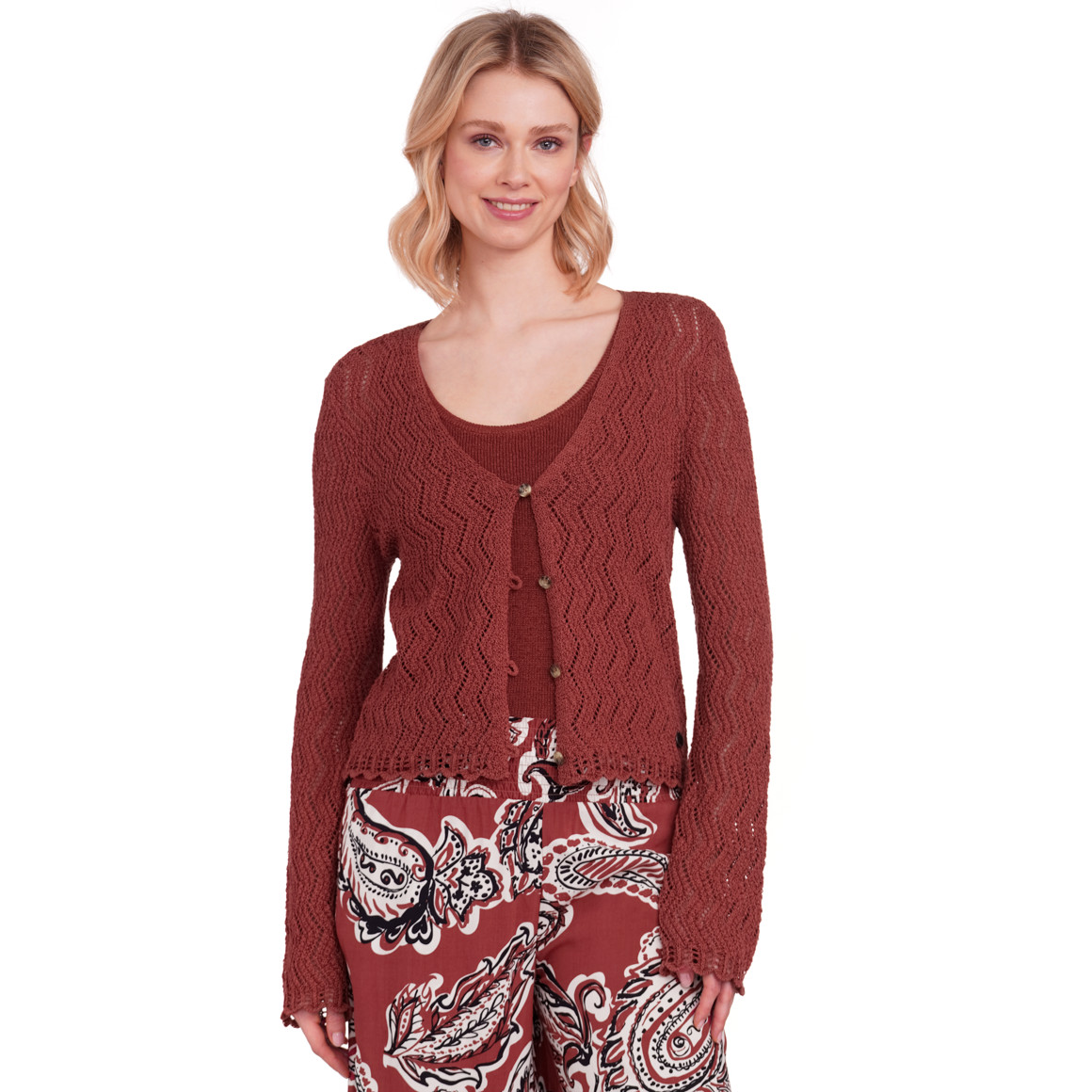 Gina Collection Damen Strickjacke mit Effektgarn dunkelrot