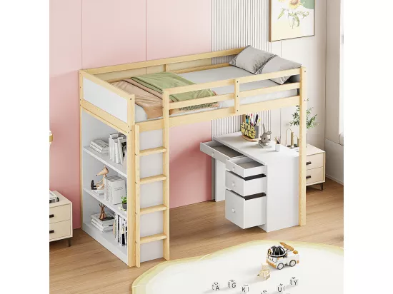 Lit superposé enfant 90 X 200 cm, avec armoire de rangement et bureau d'ordinateur, couleur bois originale
