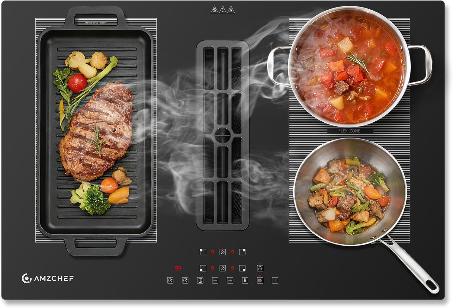 AMZCHEF Induktionskochfeld mit Integriertem Dunstabzug, 4 Kochzonen, 7200W Gesamtleistung, 650m³/h Automatische Hob2Hood-Belüftung, 9 Leistungsstufen, Timer & Kindersicherung, Boost & Flexzonen