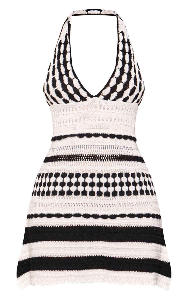 Noir Robe Mini Tricotée À Rayures Col Licou En V Petite