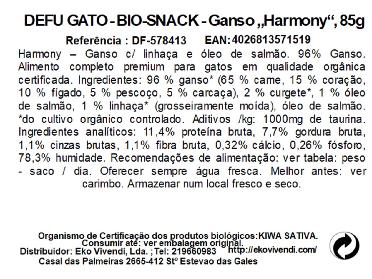 COMIDA HÚMIDA BIO GATO DEFU GANSO HARMONY 85G