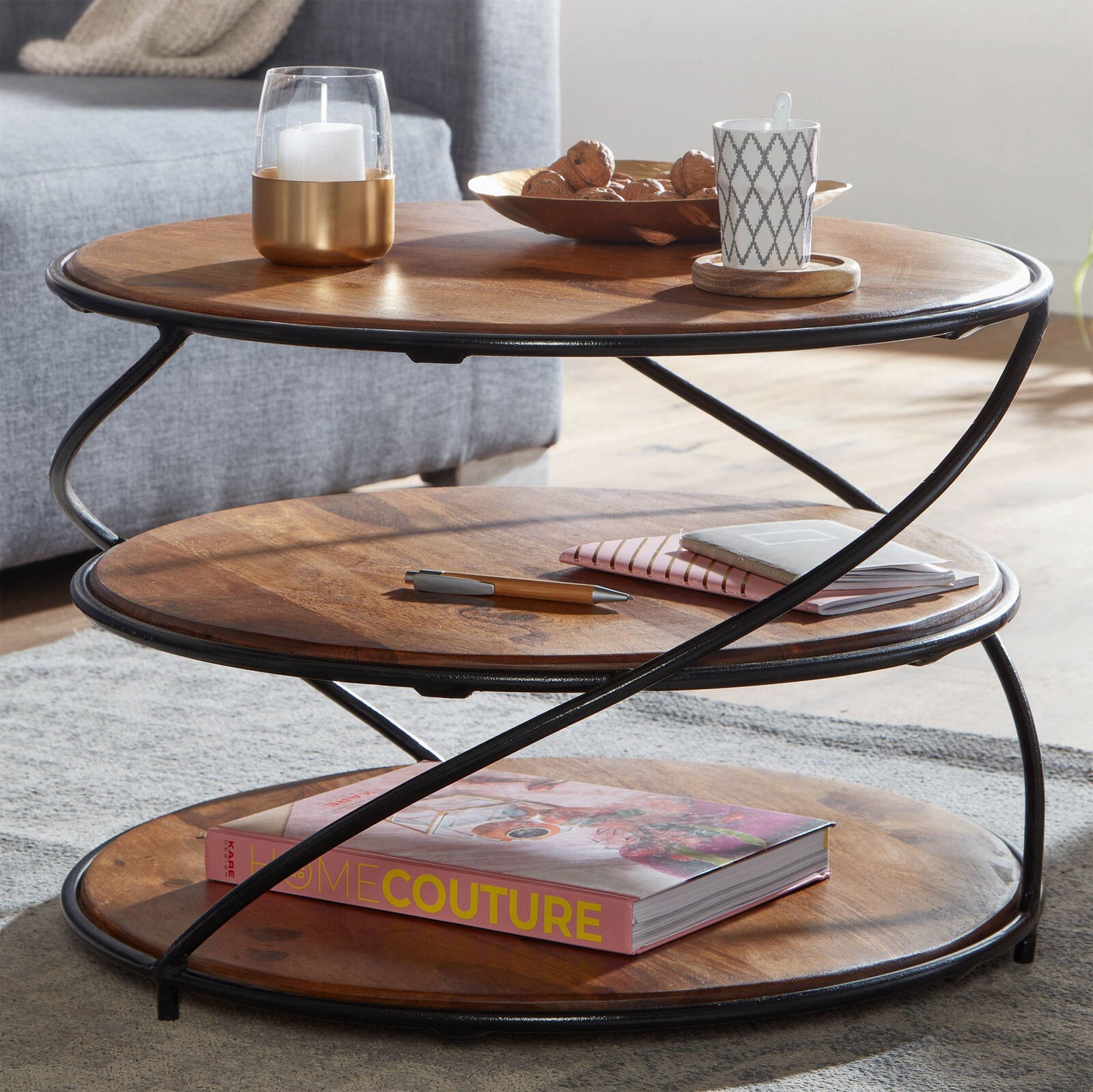Couchtisch rund Ø 58 cm Sheesham massiv/Schwarz