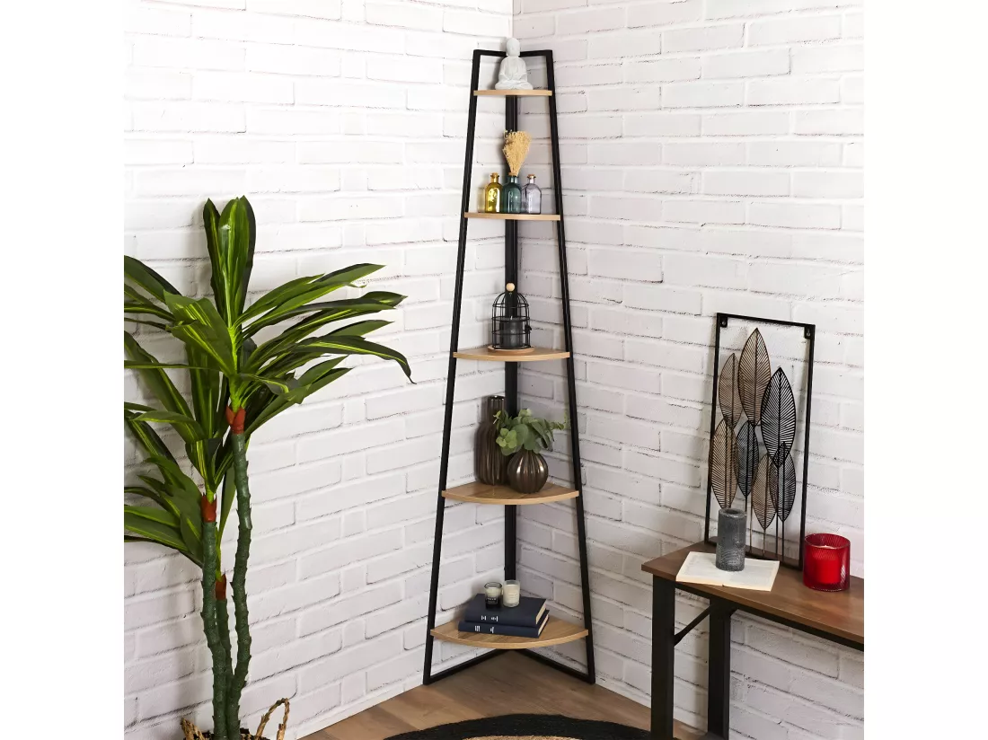 DANGA - Etagère d'Angle Métal Noir Plateau Imitation Bois
