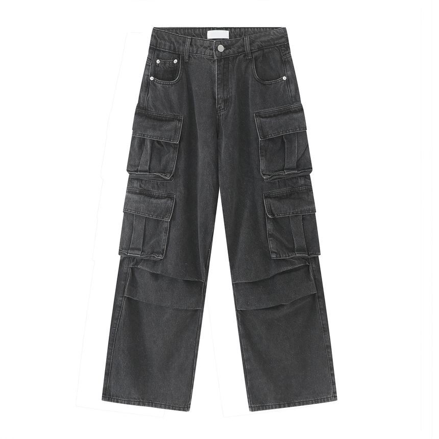 FAERIS - Cargojeans met rechte pijpen en wassing, middelhoge taille