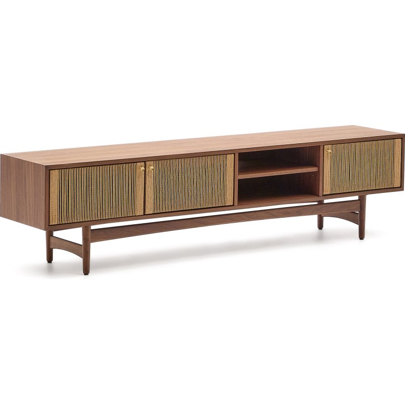 Meuble TV Elan 3 portes en placage et bois de noyer et corde 200 x 50 cm