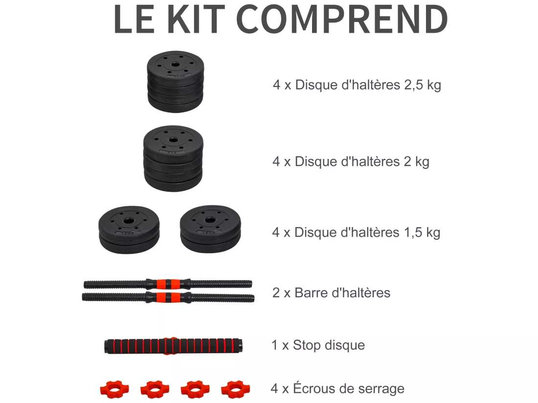 Ensemble d'haltères courtes total 25 Kg - barres incluses - entraînement musculaire & haltérophilie - acier HDPE noir rouge