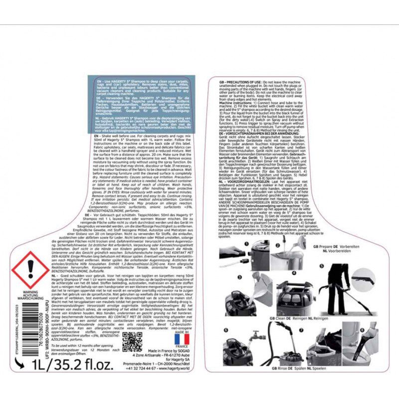 Shampooing concentré 5* - tapis, tissus pour injecteur et extracteur - 1 L
