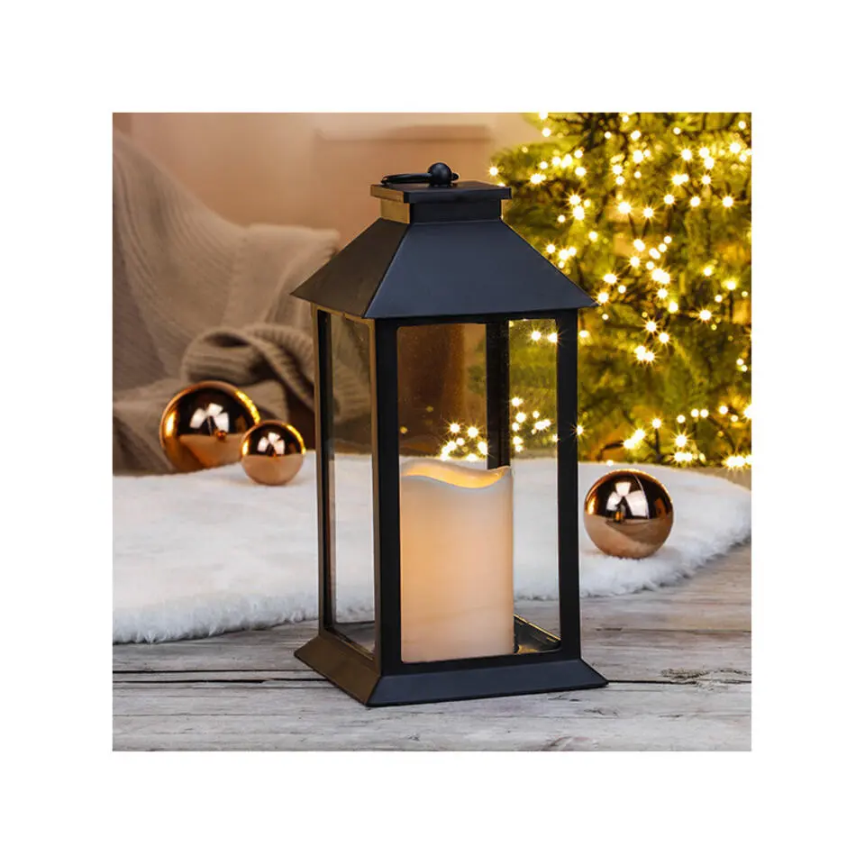 Lantaarn - zwart - kaars met LED verlichting - 33 cm