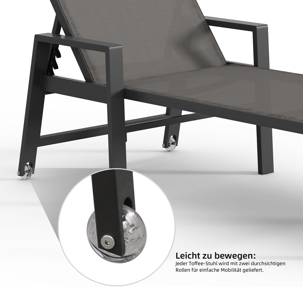 Melko Aluminium Sonnenliege wetterfest mit Rollen, 5-Fach verstellbare Rückenlehne, klappbare Gartenliege inkl. Kopfkissen (200 kg belastbar) Liegestuhl