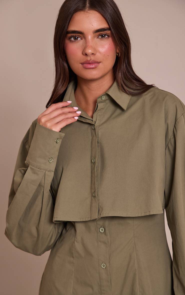 Kaki Robe Chemise À Manches Longues Avec Détail Superposé