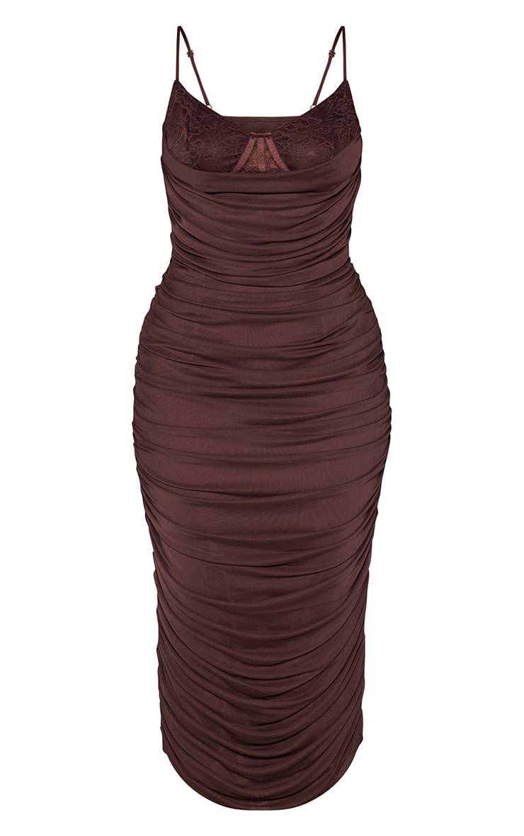 Chocolat Robe Courte Moulante En Mesh Froncé Avec Finitions En Dentelle