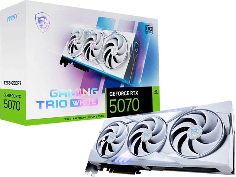 MSI Grafikkarte GeForce RTX 5070 GAMING TRIO OC Weiss 12 GB Gamer-Grafikkarte mit 12 GB GDDR7-Speicher, ermöglicht Auflösungen bis zu 8k