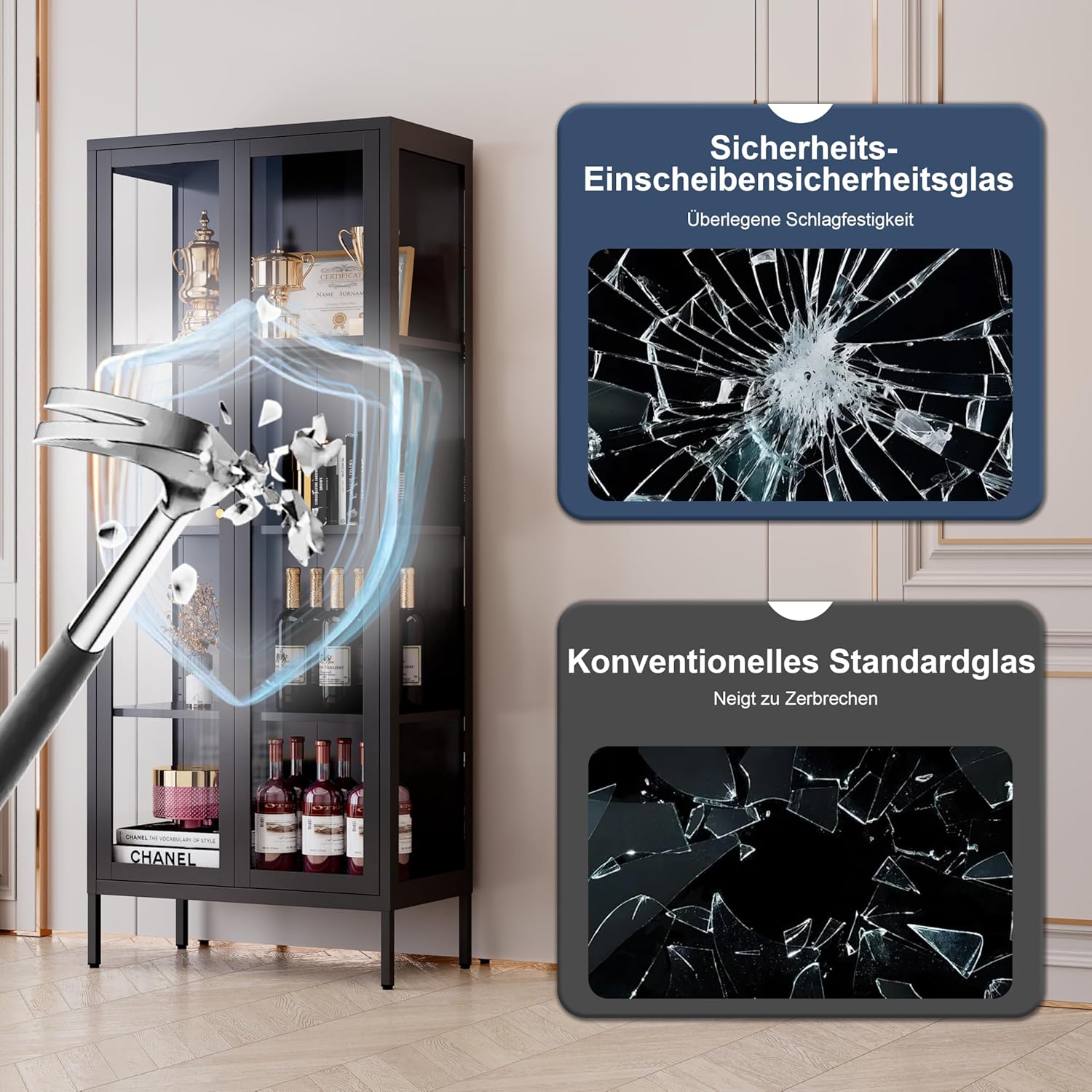Vitrine mit Glastüren,Glasvitrine Stehend Vitrinenschrank mit 3 höhenverstellbaren Fachböden, Sammlervitrine Glasschrank für Wohnzimmer Schlafzimmer Wein Büro, Schwarz(35x70x168cm)