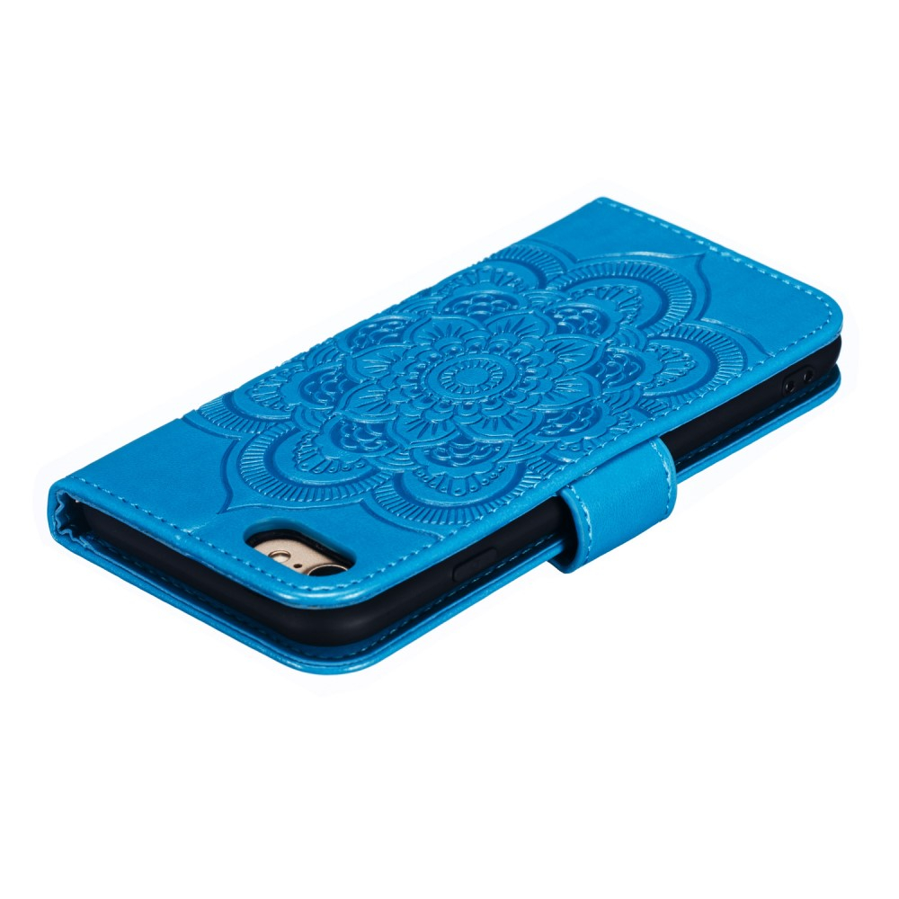 iPhone SE (2022/2020) / 8 / 7 Leder Tasche Wallet - Mandala Flowers Imprint in Blau
