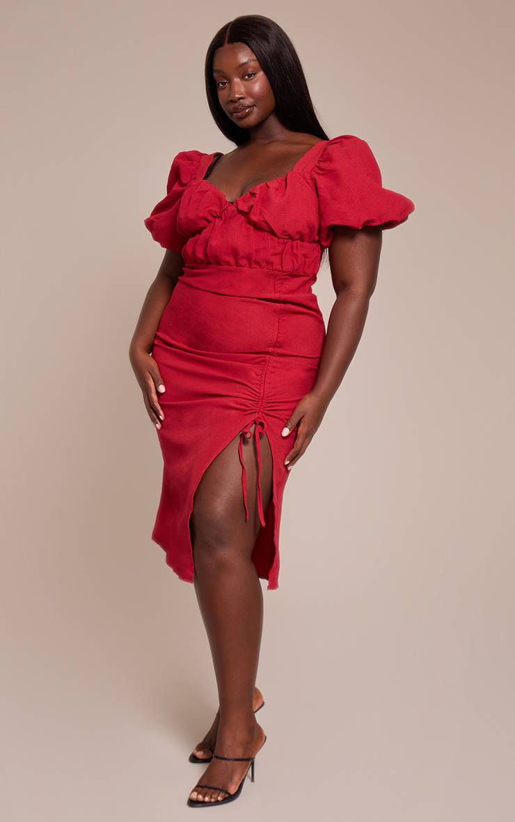 Rouge Profond Robe Midi Grande Taille À Manches Bouffantes Froncée Avec Fente Latérale