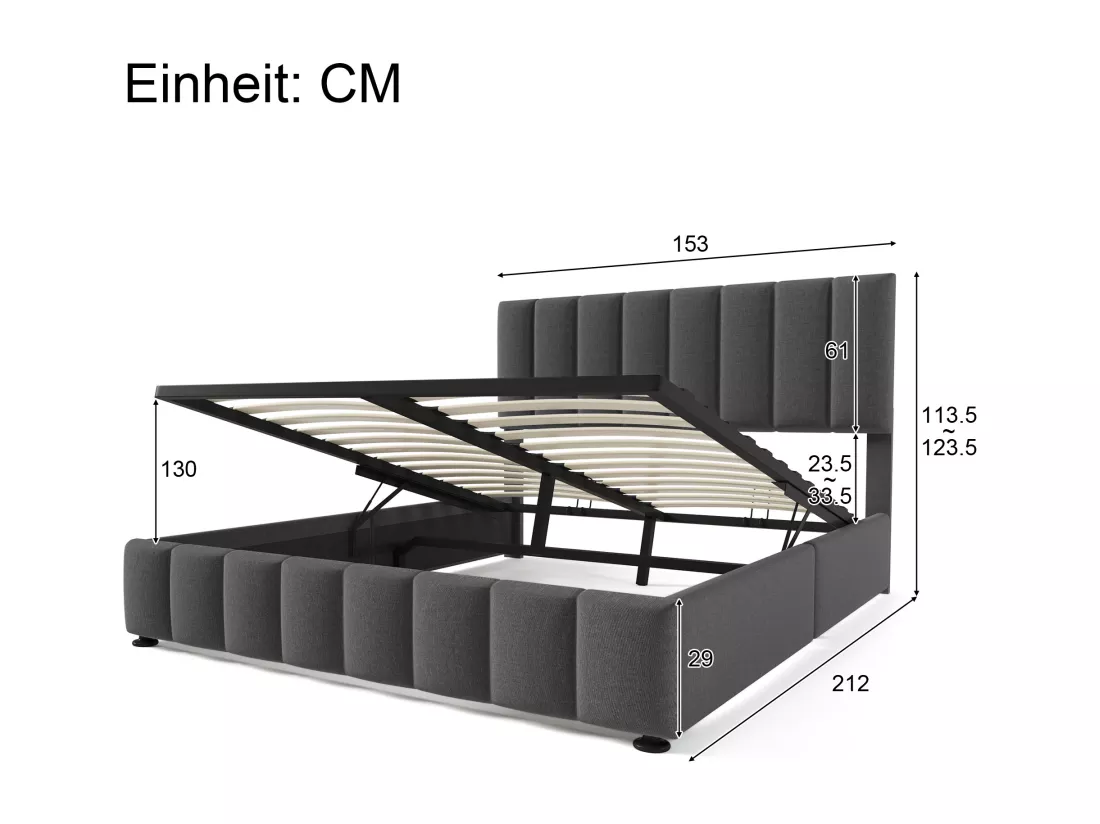 Lit double coffre 140x200cm tissu lin gris foncé, tête de lit réglable avec sommier à lattes rangement (sans matelas) IKKEK