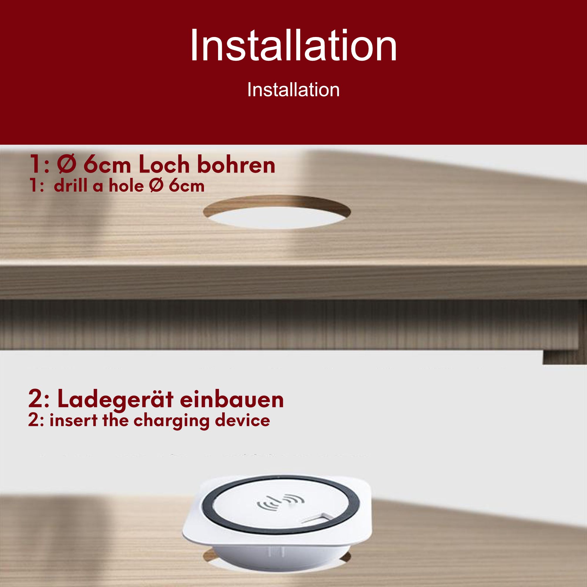 kalb | Einbau Schnellladegerät 15W, 7,5cm Ø, kabelloses Laden, 2x USB-Ports, Induktionsladegerät, weiß