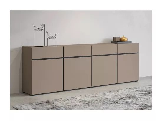 Buffet XL coloris beige et noir 225cm collection HAVANA. Bahut design avec 4 portes et 4 tiroirs.