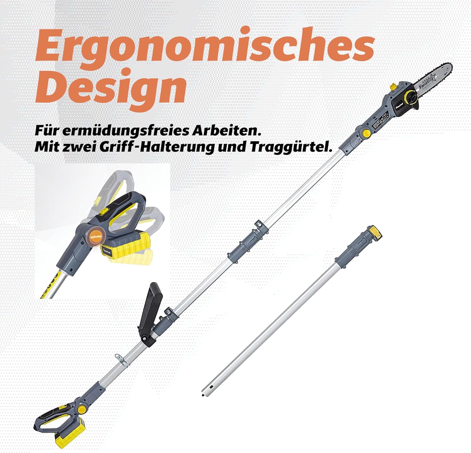 FANZTOOL 20V Li-Ion Akku-Hochentaster mit 2,5Ah Akku/Ladegerät, Höhe bis 5 m, 17 cm Schnittstärke, Schwertlänge 20 cm, leichtes Gewicht 4 kg