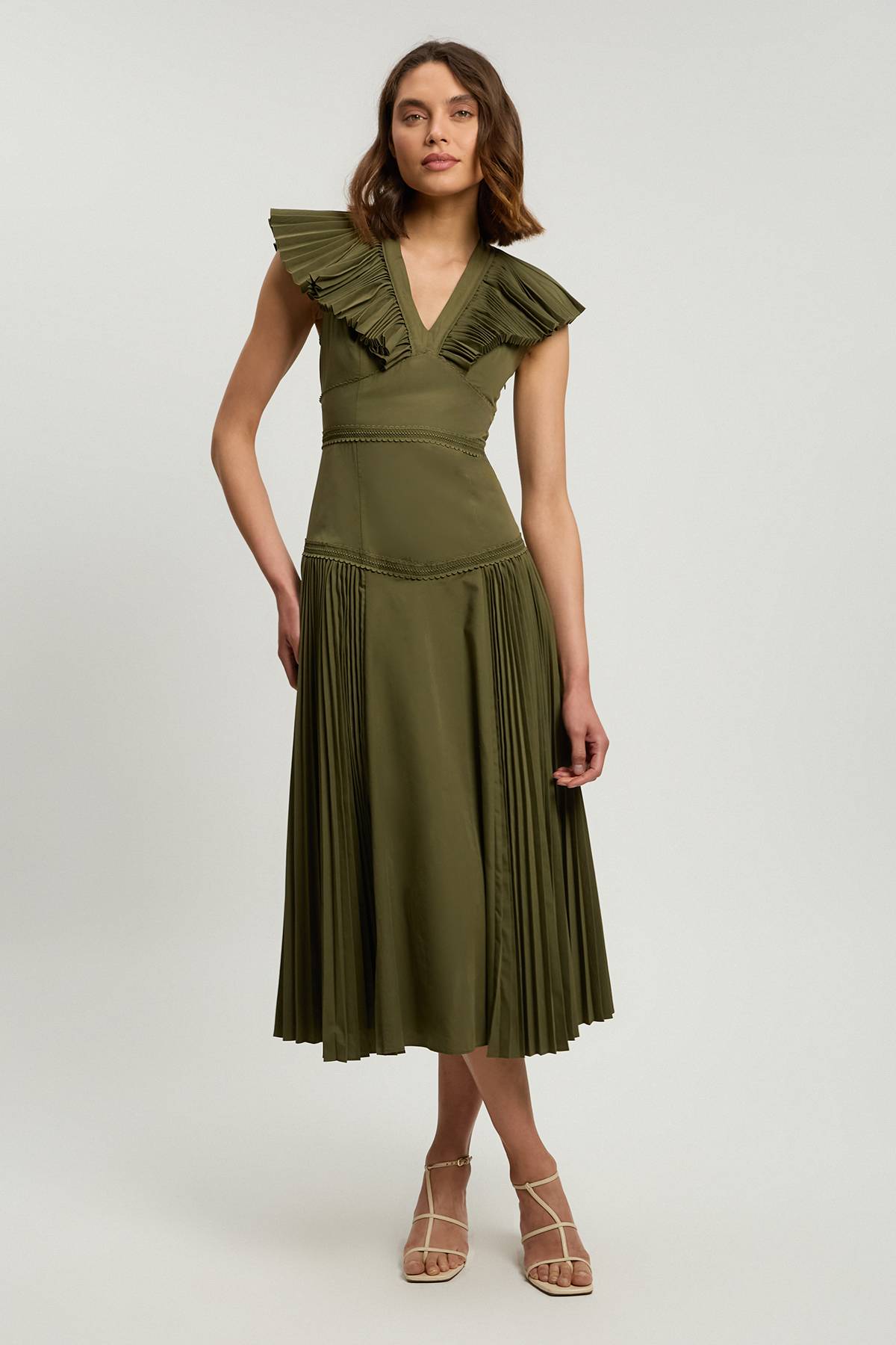 KarenMillen Robe Midi Tissée En Popeline De Coton Avec Détails Plissés