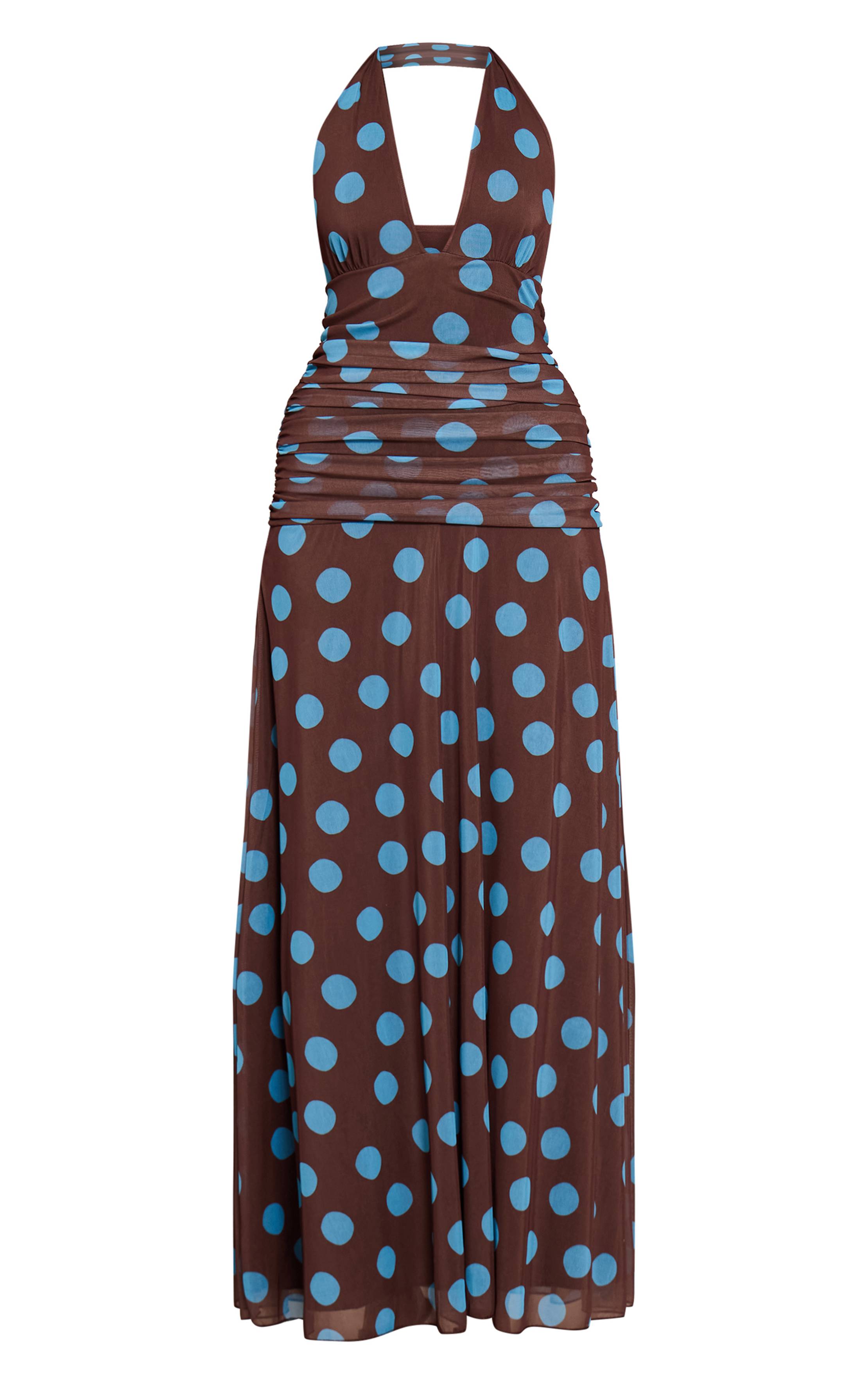 Marron Robe Longue En Mousseline À Pois Et Col Licou