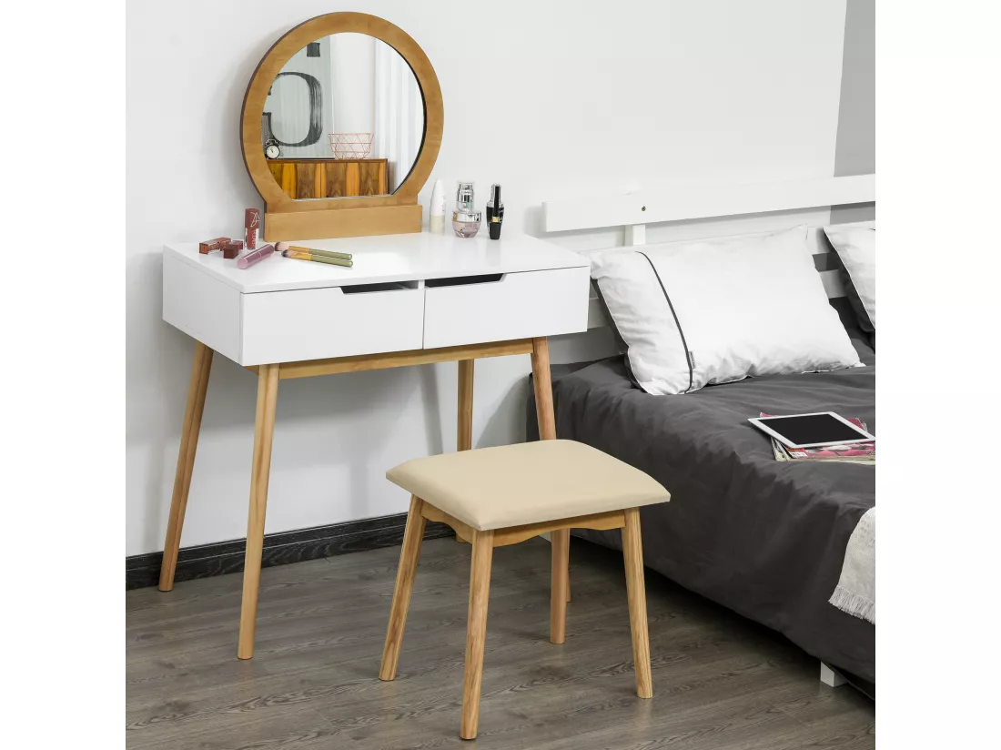 Coiffeuse design scandinave table de maquillage avec miroir, 2 tiroirs et tabouret blanc pin clair