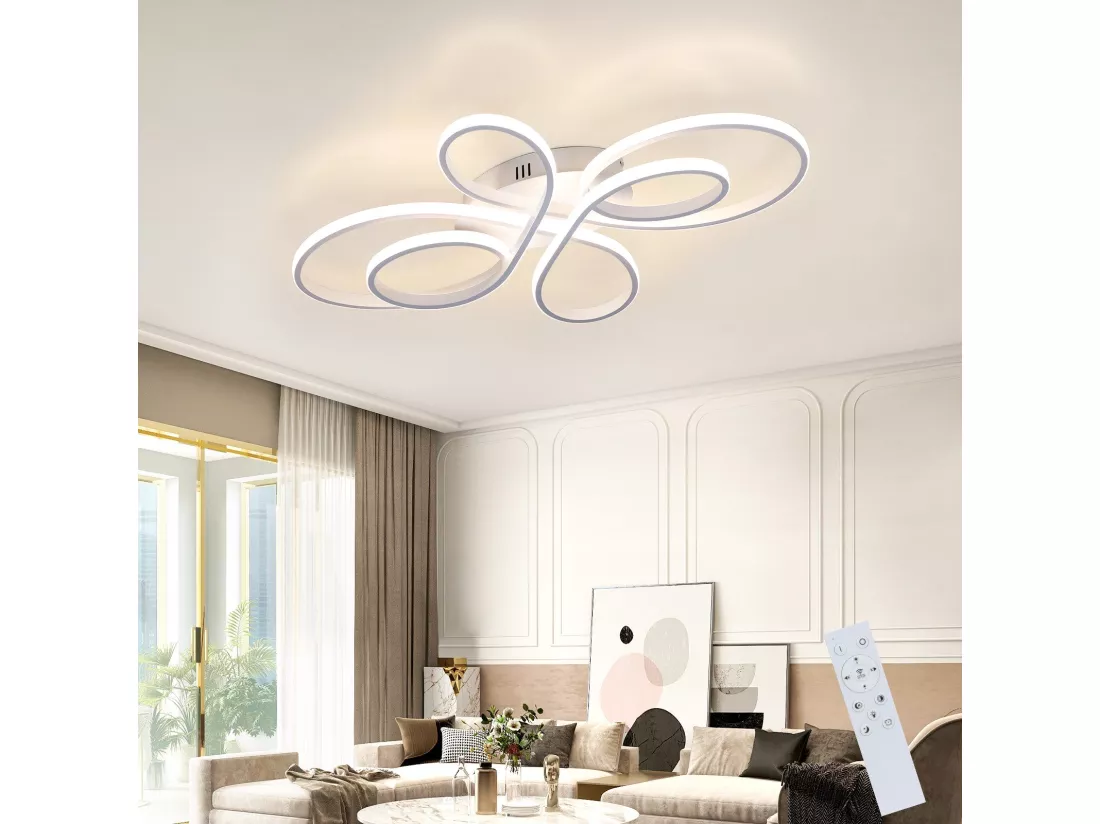 NETTLIFE Plafonnier LED Dimmable 66cm Moderne Blanc 65W Lampe de Chambre avec Télécommande Grand pour Salon Salle à Manger Bureau Étude