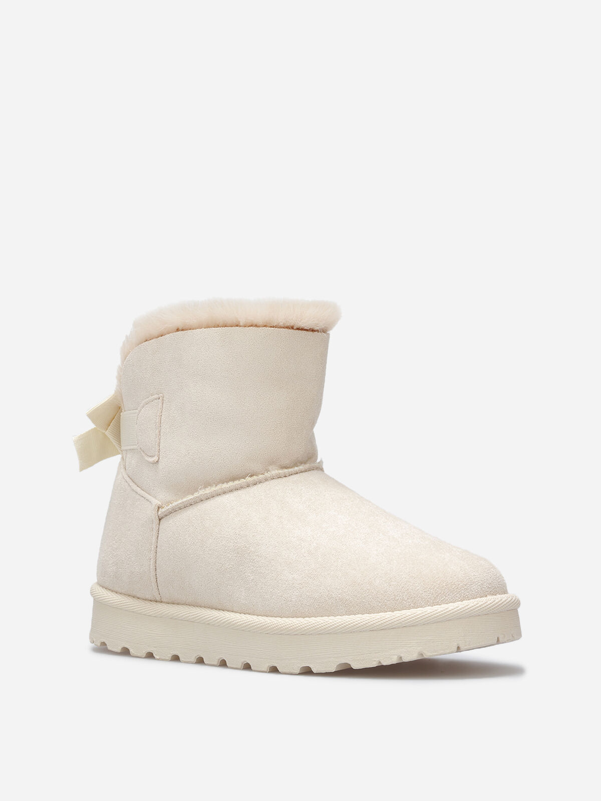 Boots en suédine fourrées à ruban noué- Beige