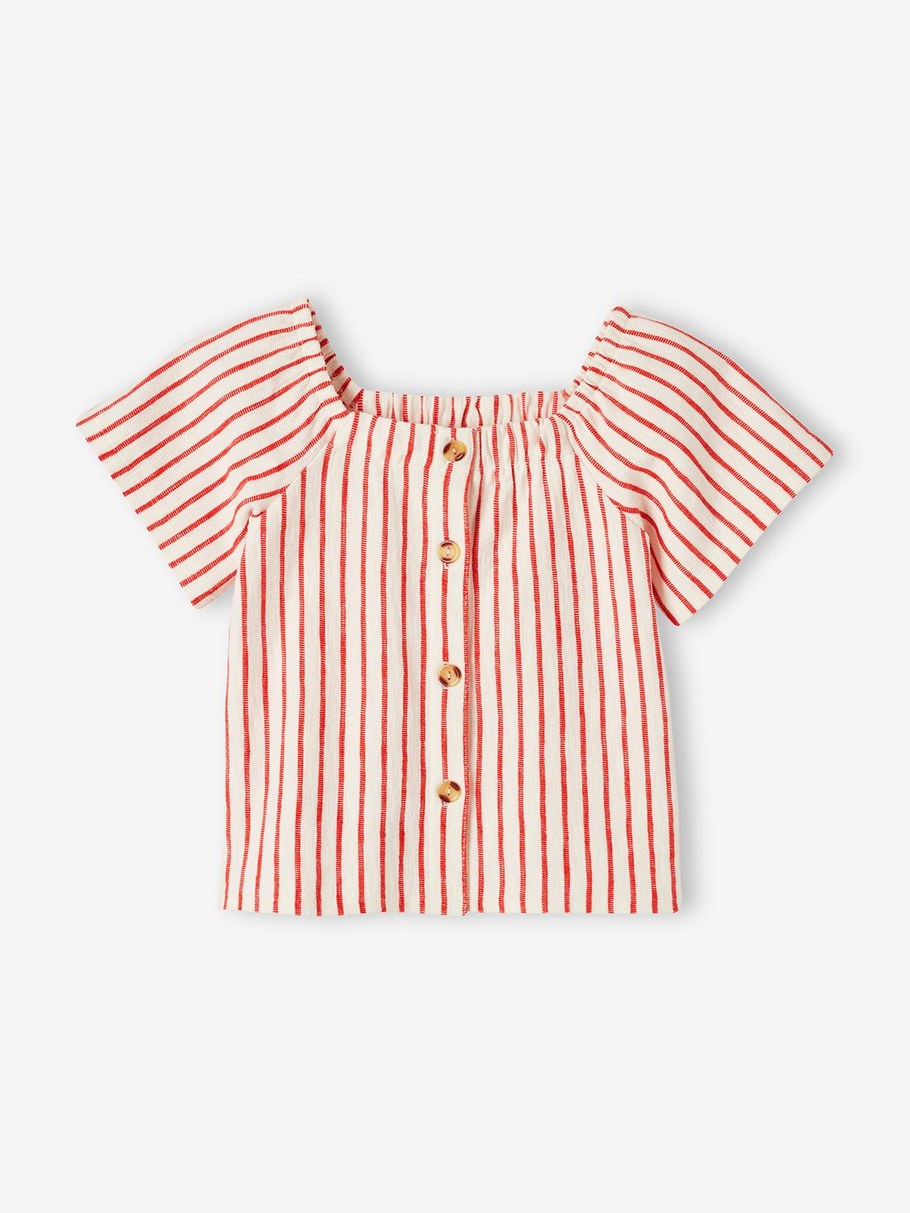 Blusa listrada de manga curta para meninas, listrada em vermelho vivo.