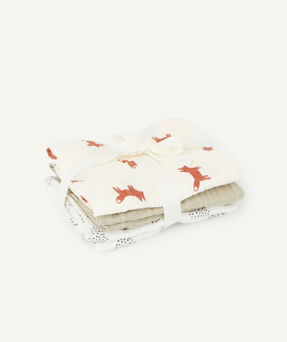 LASSIGLOT DE 3 LANGES VERT OLIVE RENARD EN COTON BIO BÉBÉ