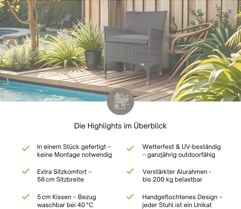 RS Trade® Exclusive 'Trento' Polyrattan Gartenstuhl handgeflochten mit verstärktem Alu-Rahmen, bis zu 200 kg belastbar, Rattan Stuhl mit Alu Füßen und extra Bodenschutzkappen, inkl. 5 cm Sitzkissen