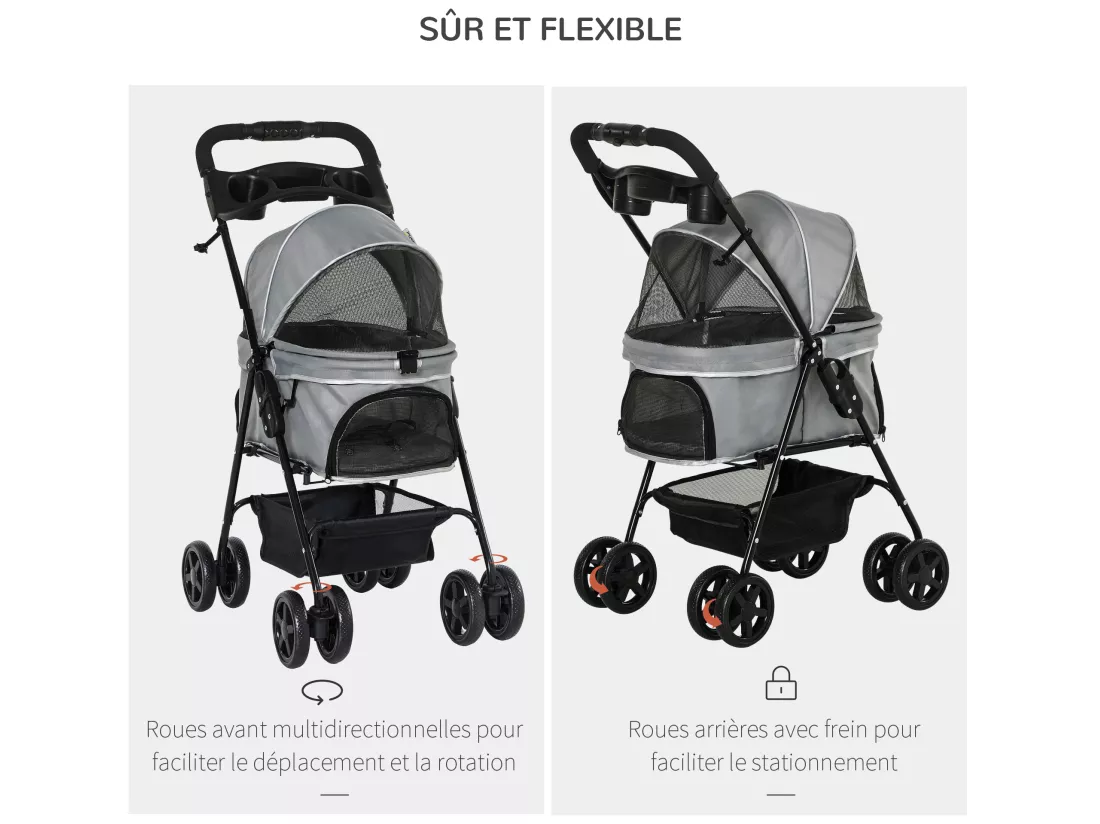Poussette buggy pliable chien chat panier rangement porte-gobelets tissu 300D Oxford imperméable 4 roues gris