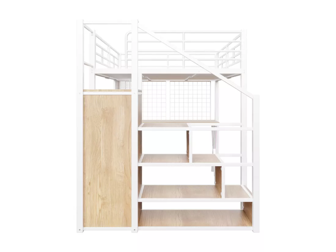 Lit mezzanine 140x200 éclairage d'ambiance télécommandé échelle de rangement bureau armoire étagères Blanc