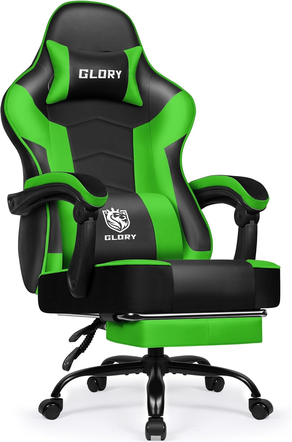 Gaming Stuhl Ergonomischer mit Fußstütze, Gaming Chair Bürostuhl 150 kg Belastbarkeit, Gamer Stuhl aus Kunstleder, Höhenverstellbarer PC Zockerstuhl für Jugendliche Erwachsene, Grün