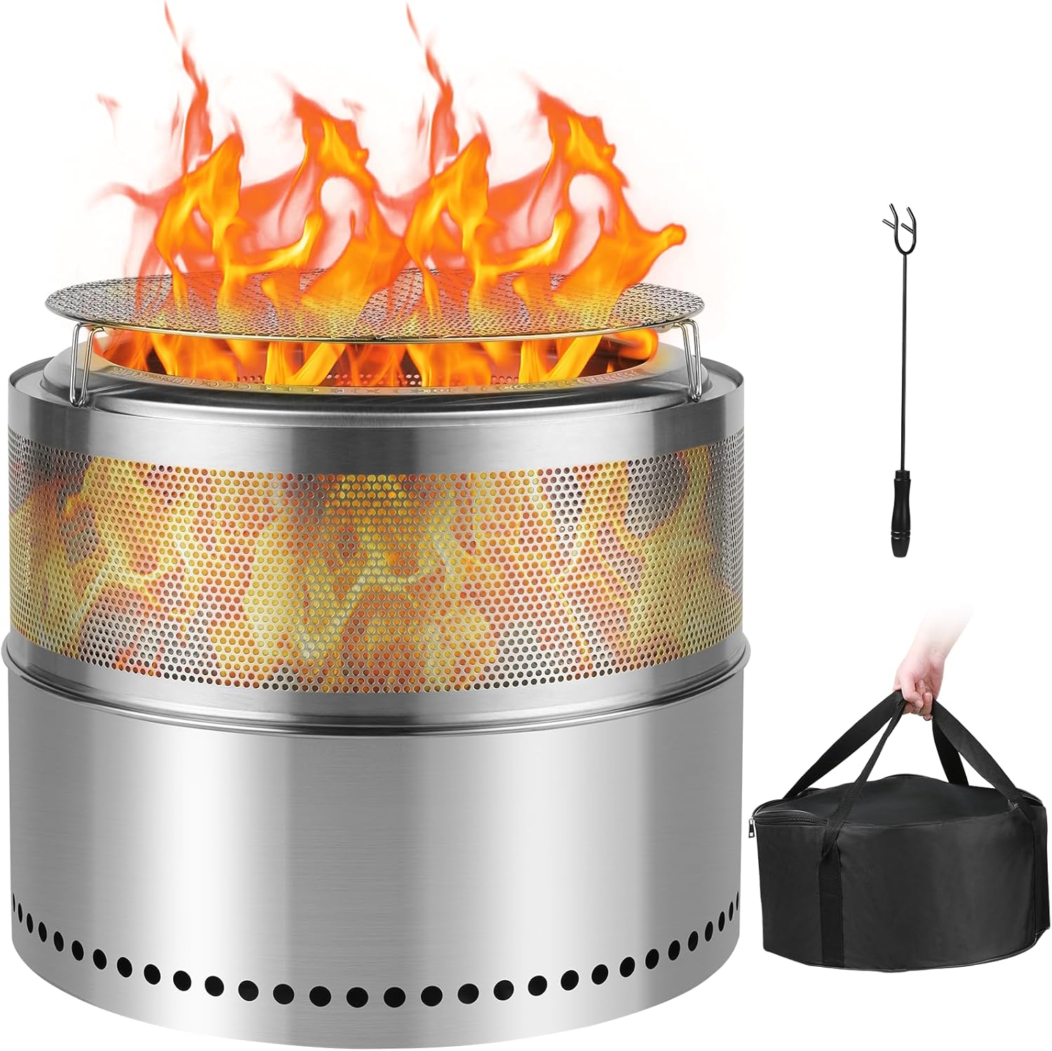 SMOOL 50cm Rauchfreie Feuerschale mit Grillrost + Schürhaken + Mehrzwecktasche, Abnehmbarer Aschekasten, Edelstahl Feuerstelle für Terrasse, Garten, Camping & Outdoor, Tragbar, Raucharm