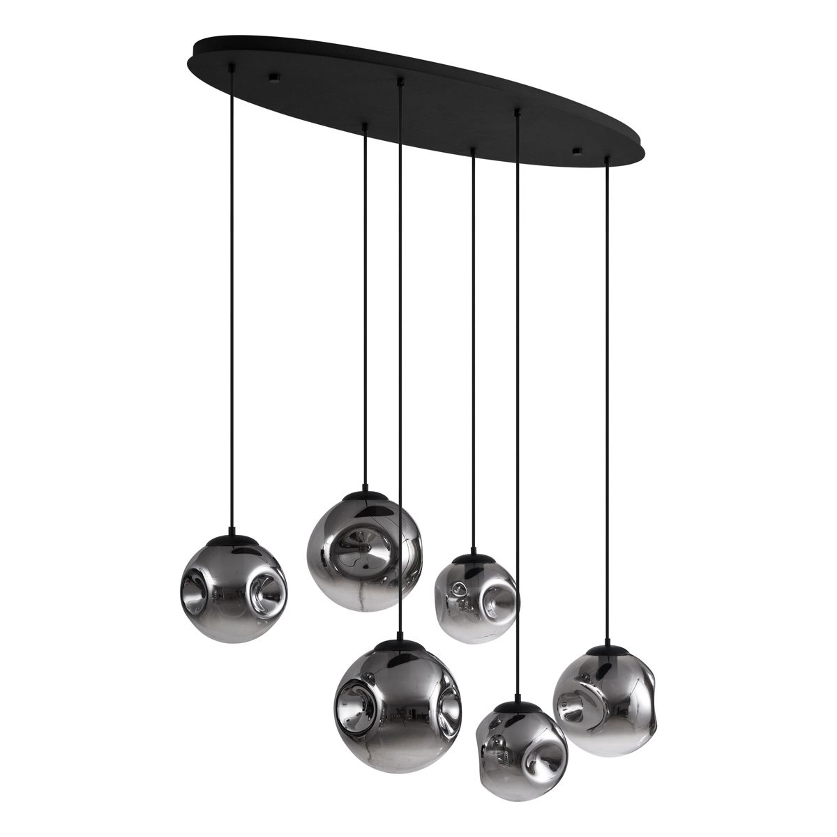 Art deco hanglamp zwart met ovale plafondplaat en smoke glas 6-lichts - Douglass