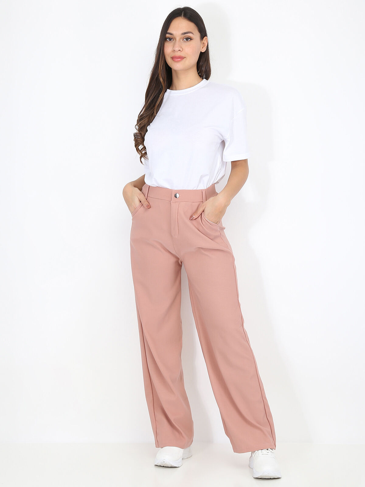 Pantalon taille haute évasé- Vieux rose