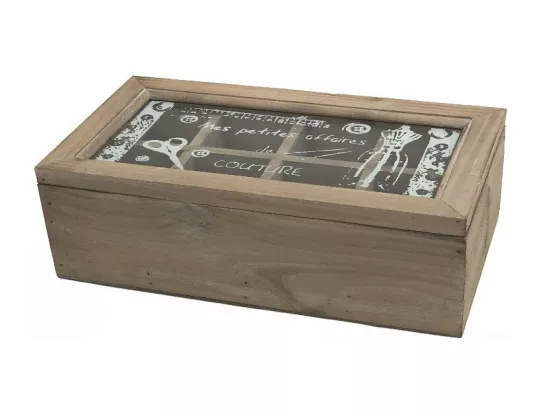 Boîte de rangement coffret à couture mercerie vitrée bois marron 34cm
