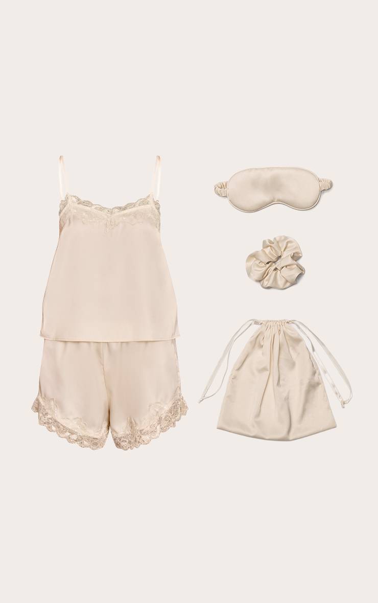 Crème Ensemble De Nuit En Satin Avec Sac Cadeau