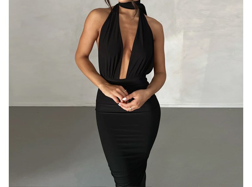 Sheparon - Strappy V-hals maxi bodyconjurk met open rug en split