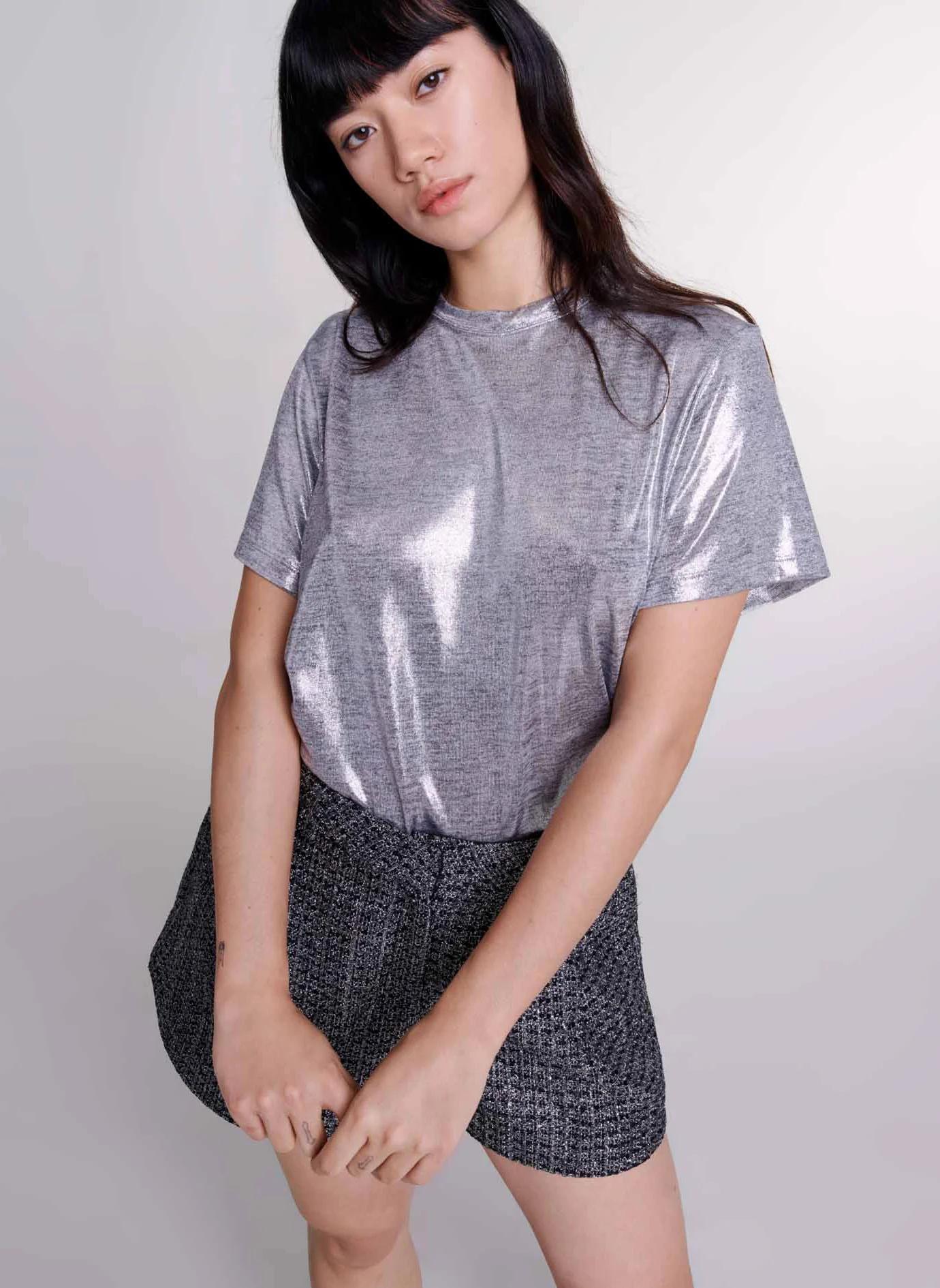 Tee-shirt droit col rond lamé | Argent