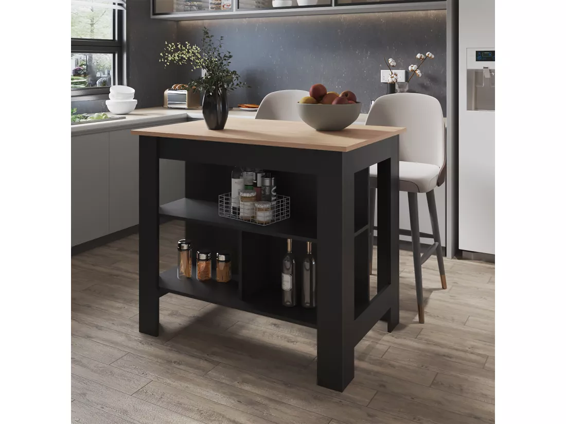 Ilot de cuisine Cala en mélamine avec 3 étagères , Rovere / Black , 90 cm X 103 cm X 70 cm