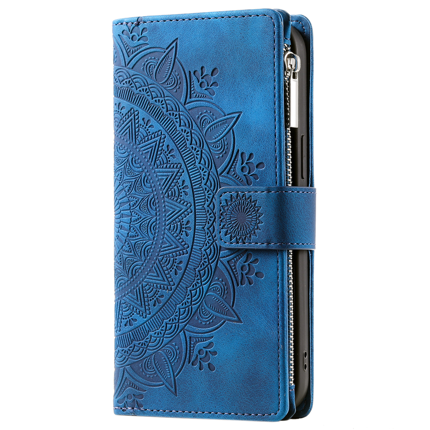 Samsung Galaxy S24 FE Leder Tasche Flip Cover mit Reissverschluss - Mandala Flowers Imprint - Blau