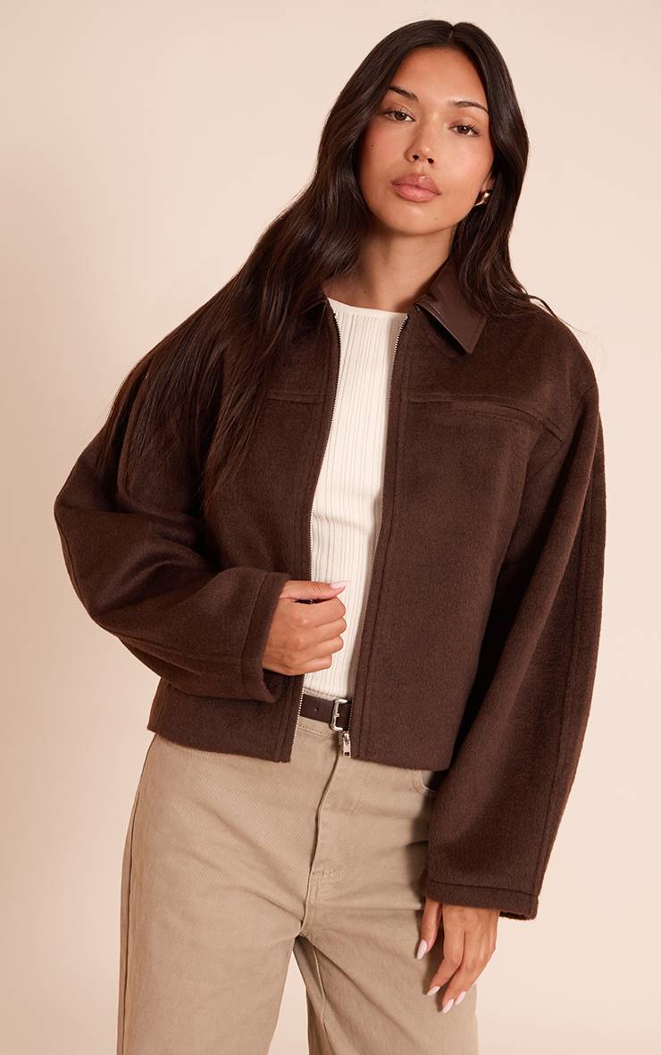 Chocolat Veste Zippée À Col En Synthétiquecuir