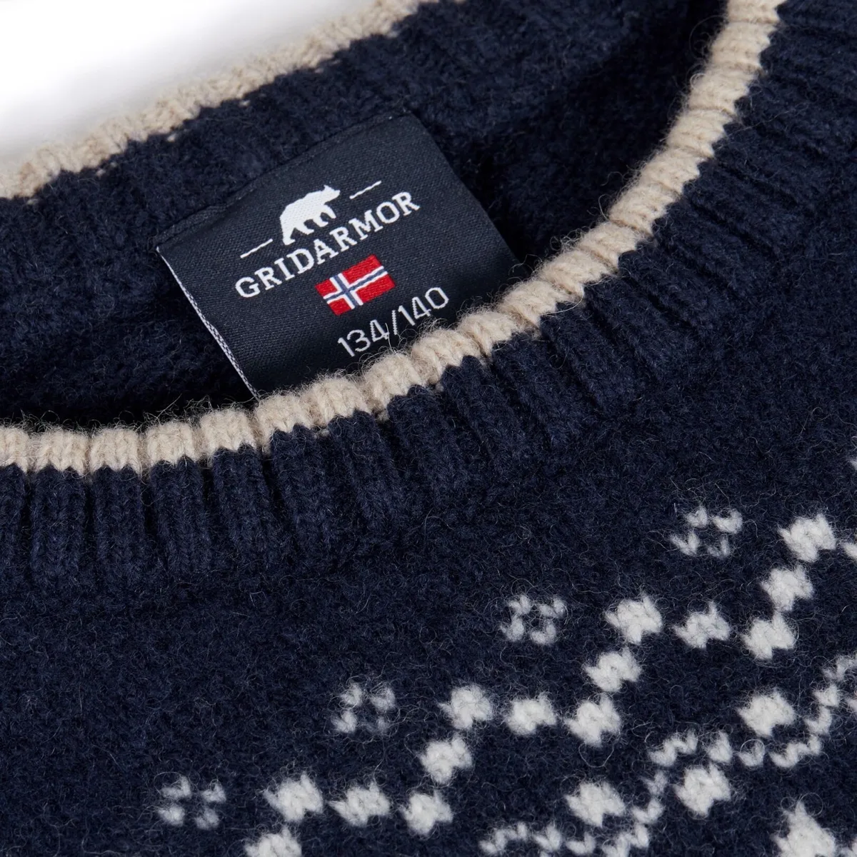 Gridarmor Kids' Snøkrystall Round Neck Ullgenser Navy/White/Beige